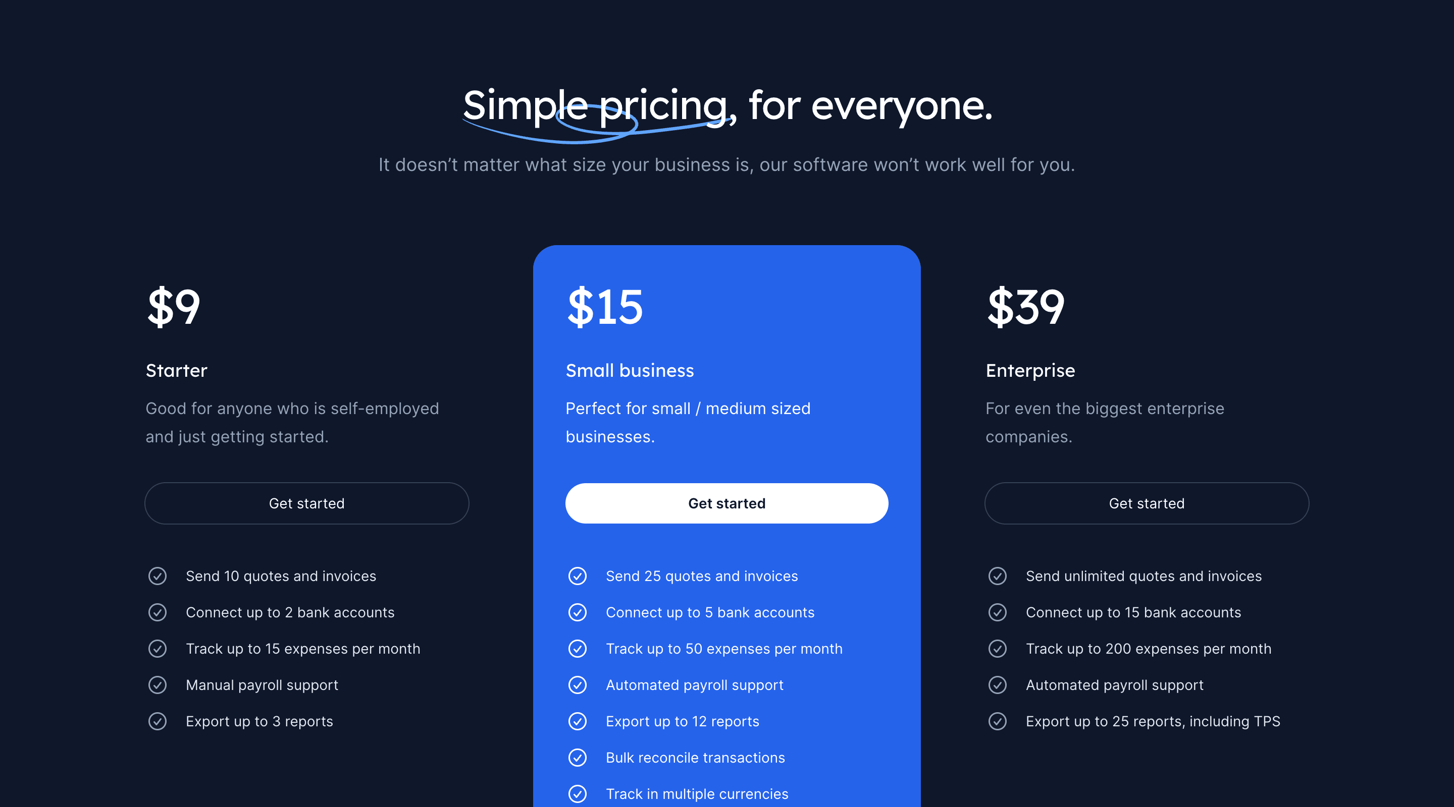 Screenshot of the Salient Tailwind UI template. The visible section contains a centered heading and short introduction paragraph. Below is three pricing plans arranged left to right. Each plan has a price, name, short description, feature list, and 'Get started' button.